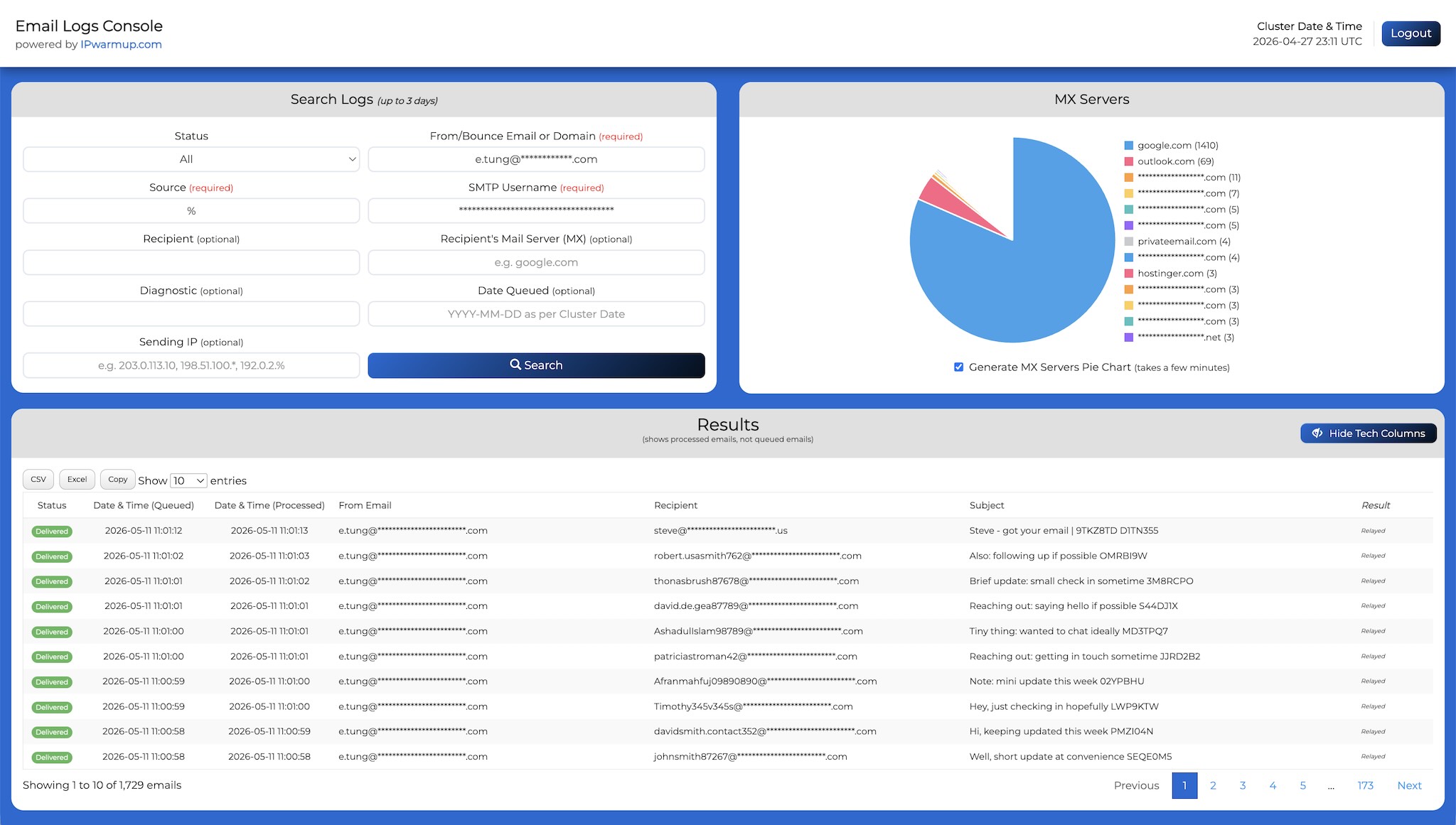 email logs console screenshot